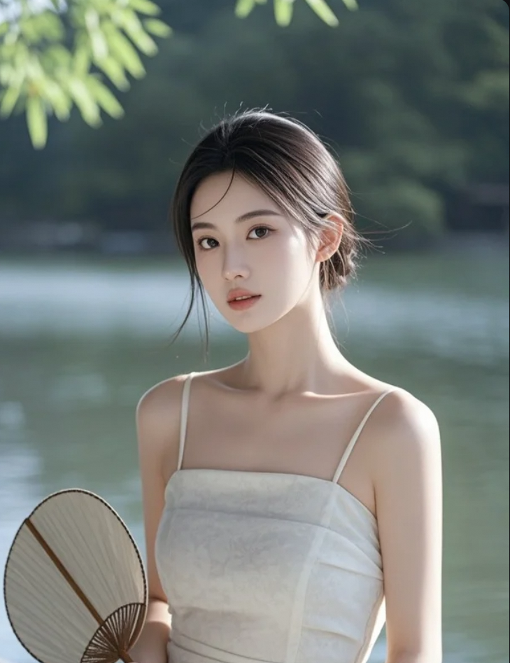 她站在湖边，像在等一句“我来了”
