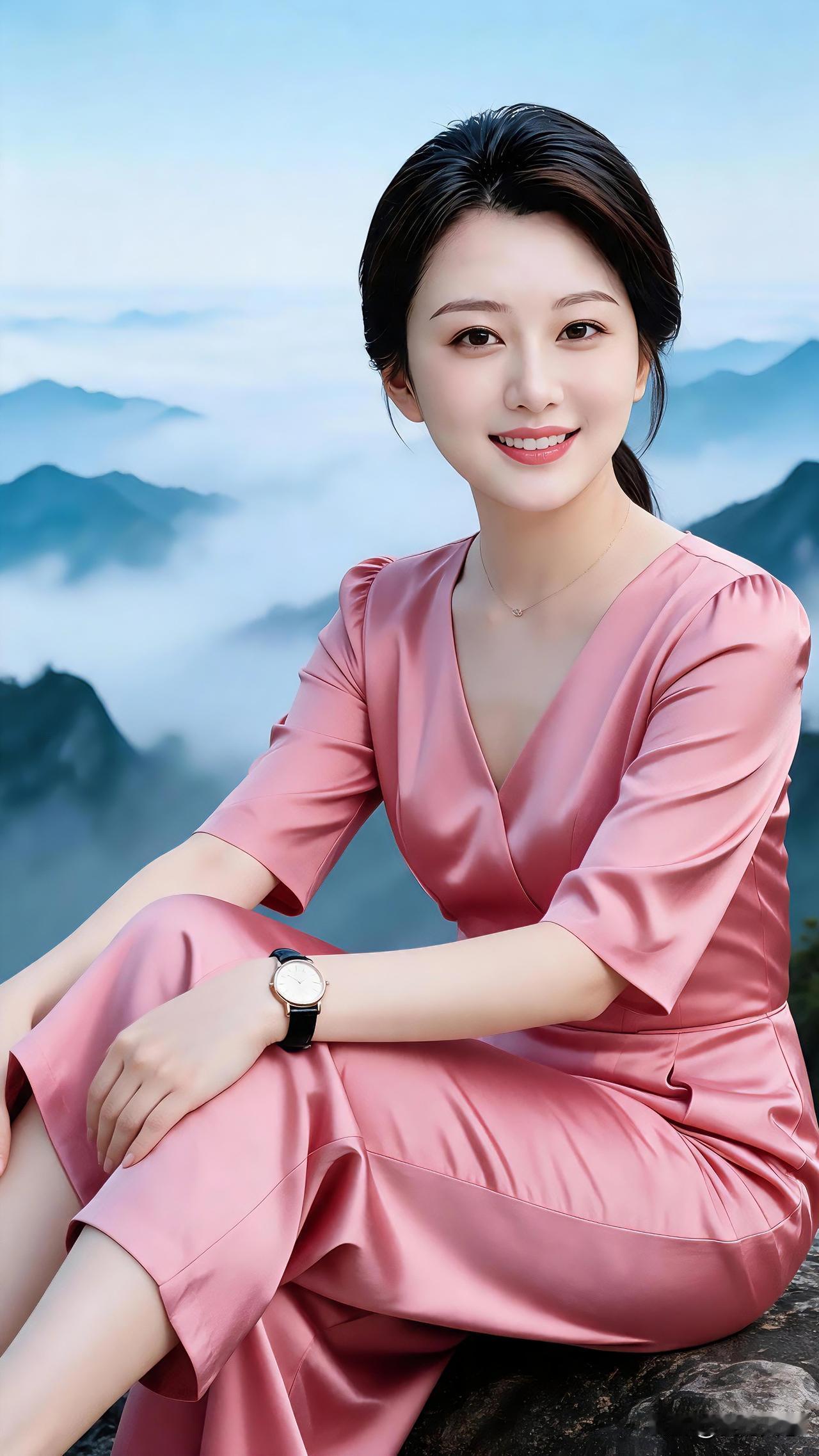 置身云海山峦之间，微风漫过山间，一袭柔粉长裙，把山水间的温柔与从容尽数展现，享受