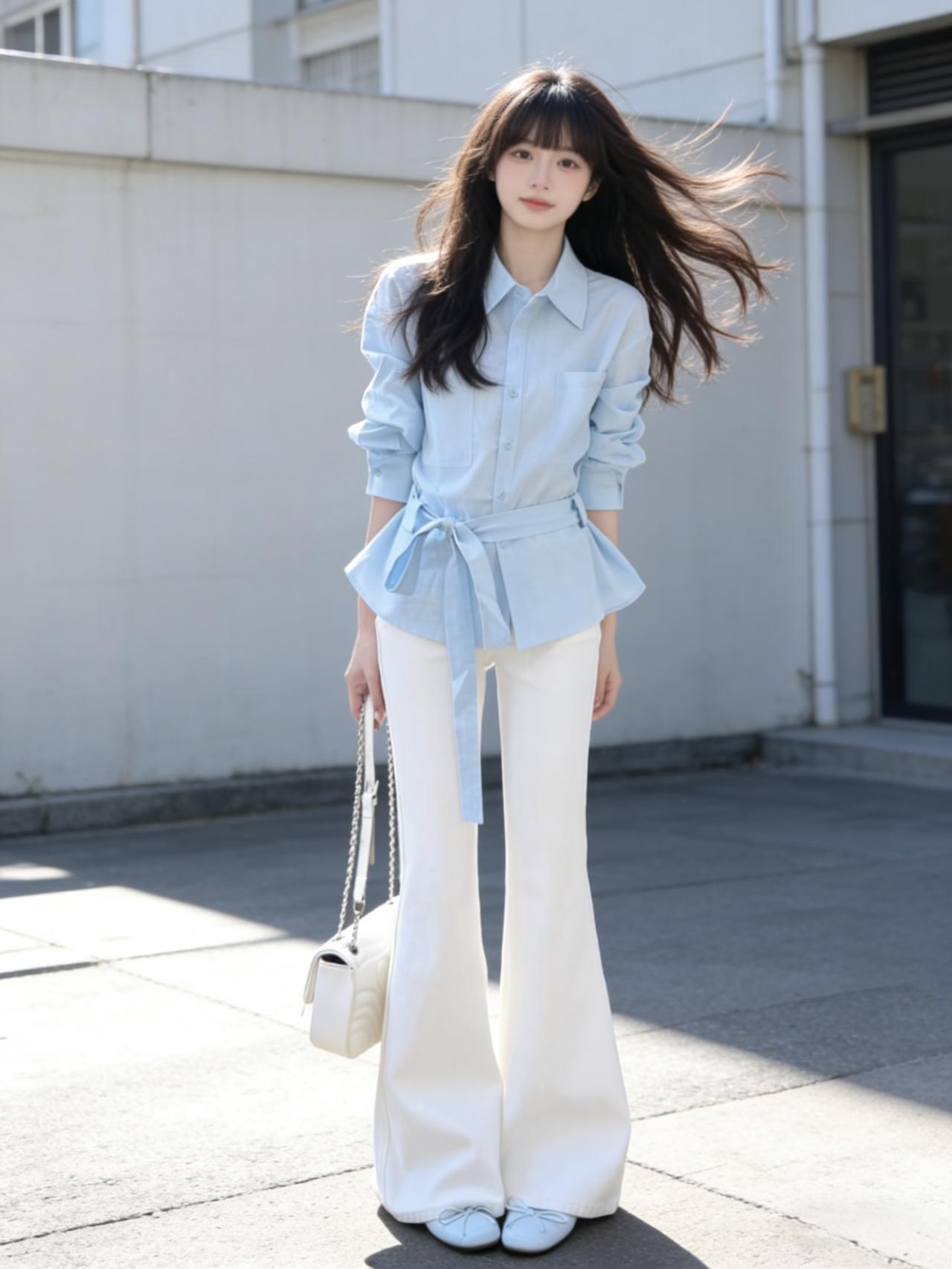 清晨的阳光透过窗棂，落在她浅蓝的衬衫上，像把一片晴空裁成了衣裳。棉质的面料带着自