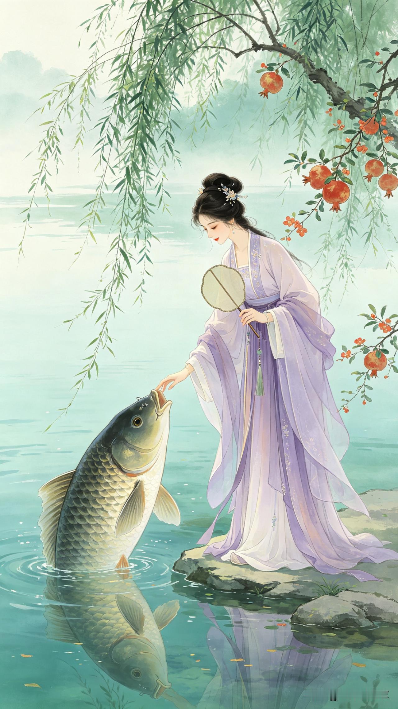 鹧鸪天·柳岸戏鱼翠柳垂丝拂画桥，石榴红透压枝梢。紫衣轻曳临波立，团扇微