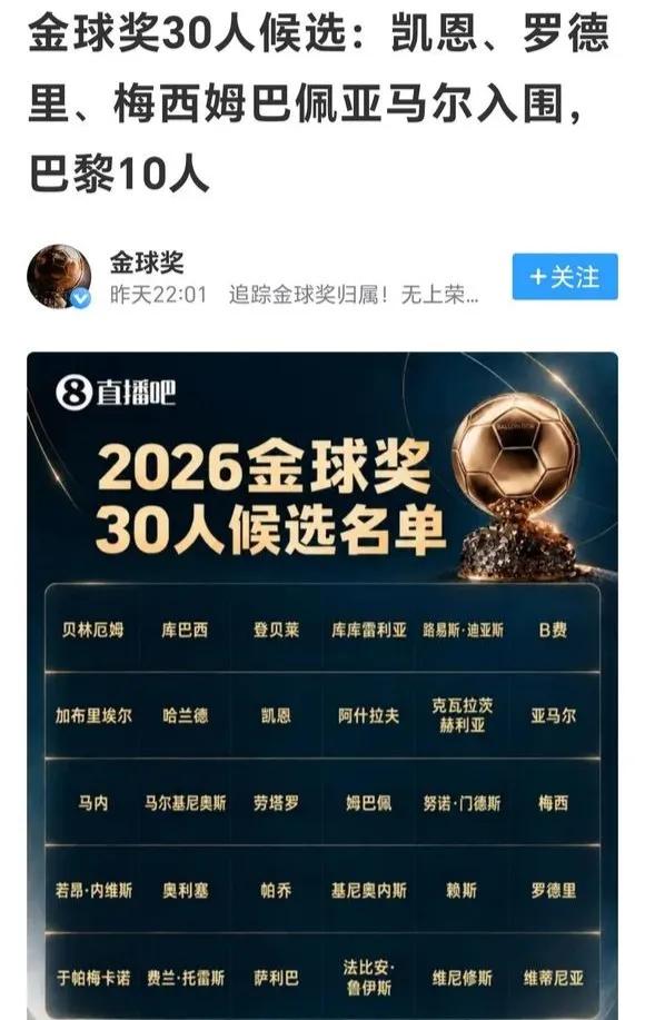 金球奖热门就得看世界杯表现。姆巴佩，梅西，贝林厄姆，罗德里这四位表现最好。