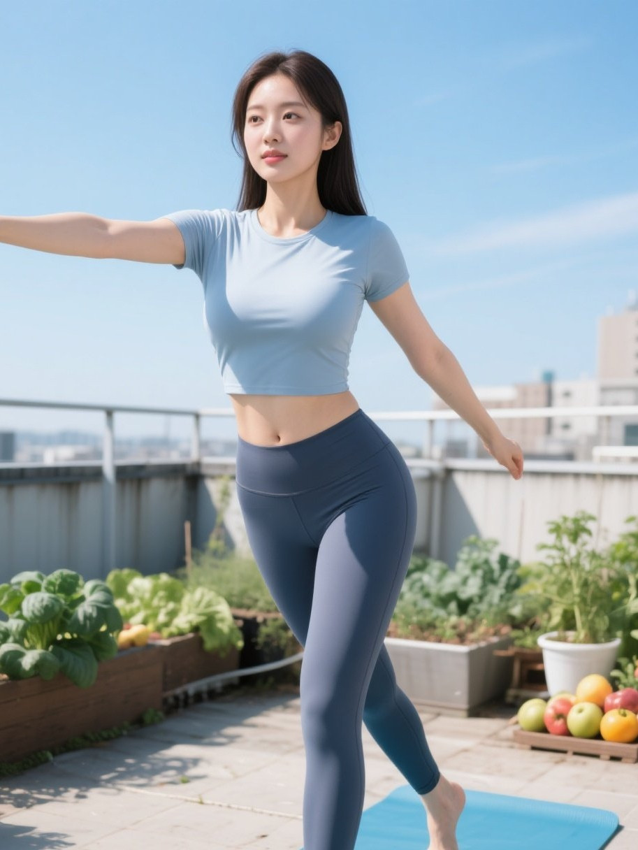 气质女神练瑜伽，天台暮色衬仙姿