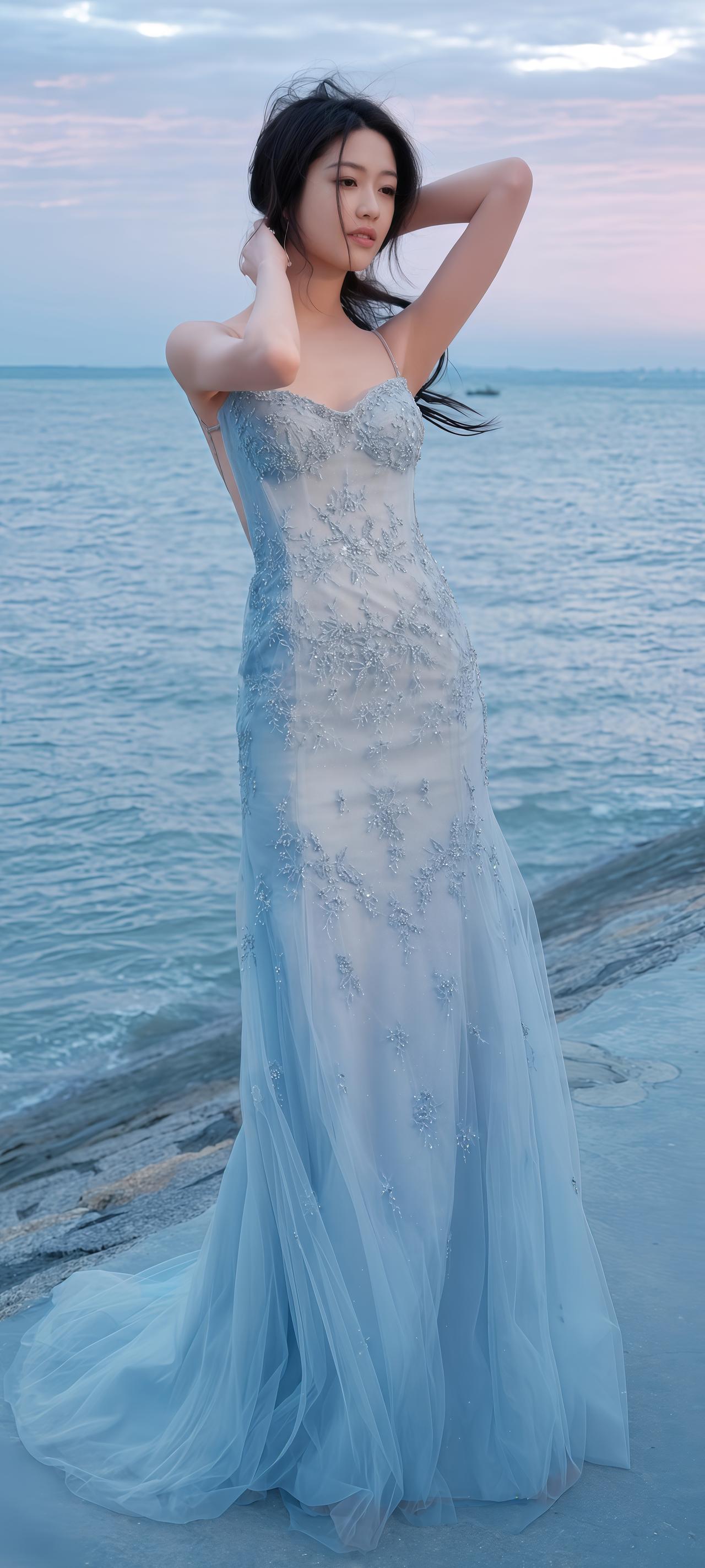 向涵之这组“海蓝纱裙”写真杀疯了！海风里美成美人鱼，这颜值是开了特效吧？谁能拒