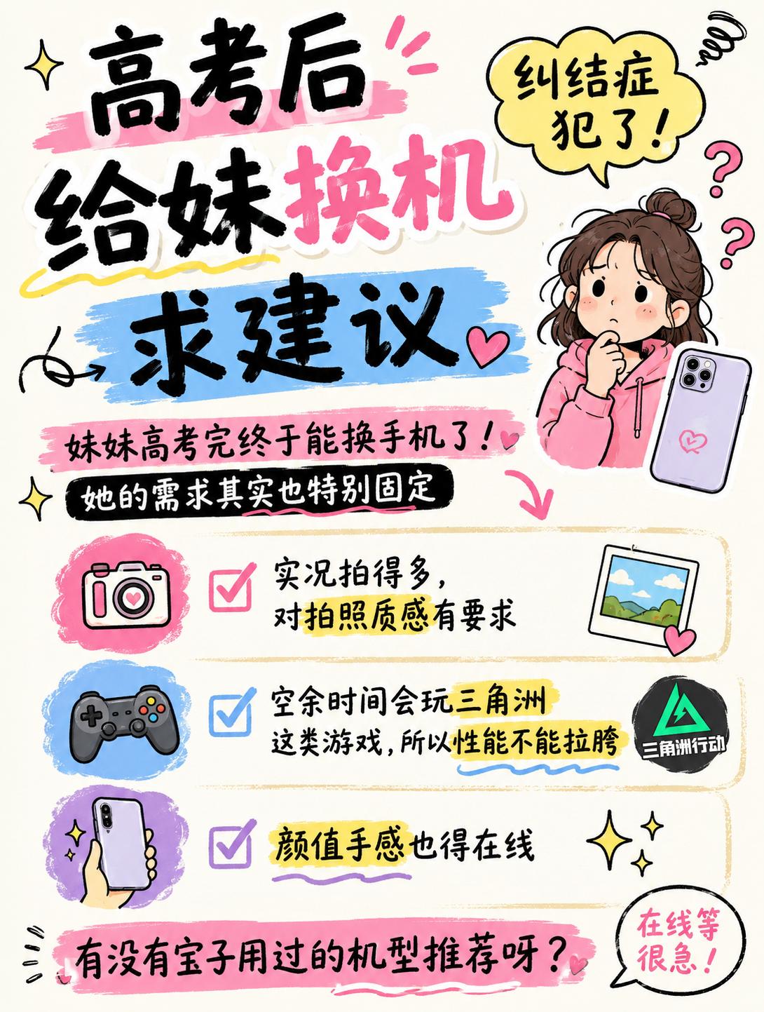 妹妹高考完终于能换手机了！她的需求其实也特别固定✅实况拍得多，对拍照质感有要