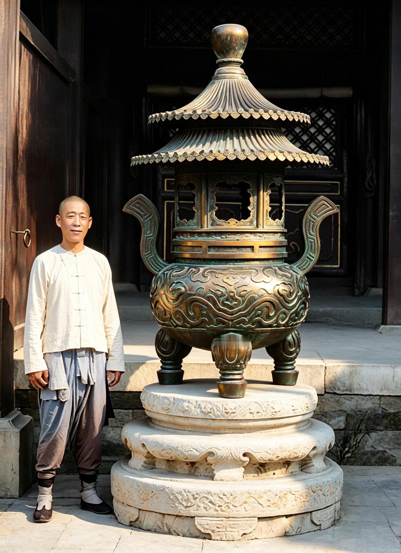 这位从头到脚都极为干净利索的男子是百年前养心殿的一名太监。在炎热的夏天，他也要穿