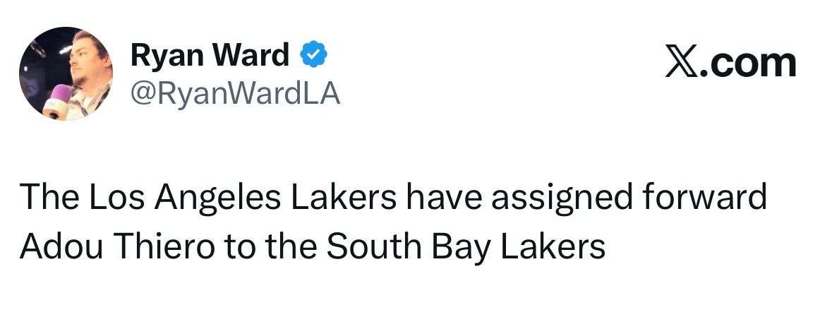 要开始训练了！湖人将前锋阿杜·蒂耶罗下放至南湾湖人。湖人队宣布，阿杜已获准参与