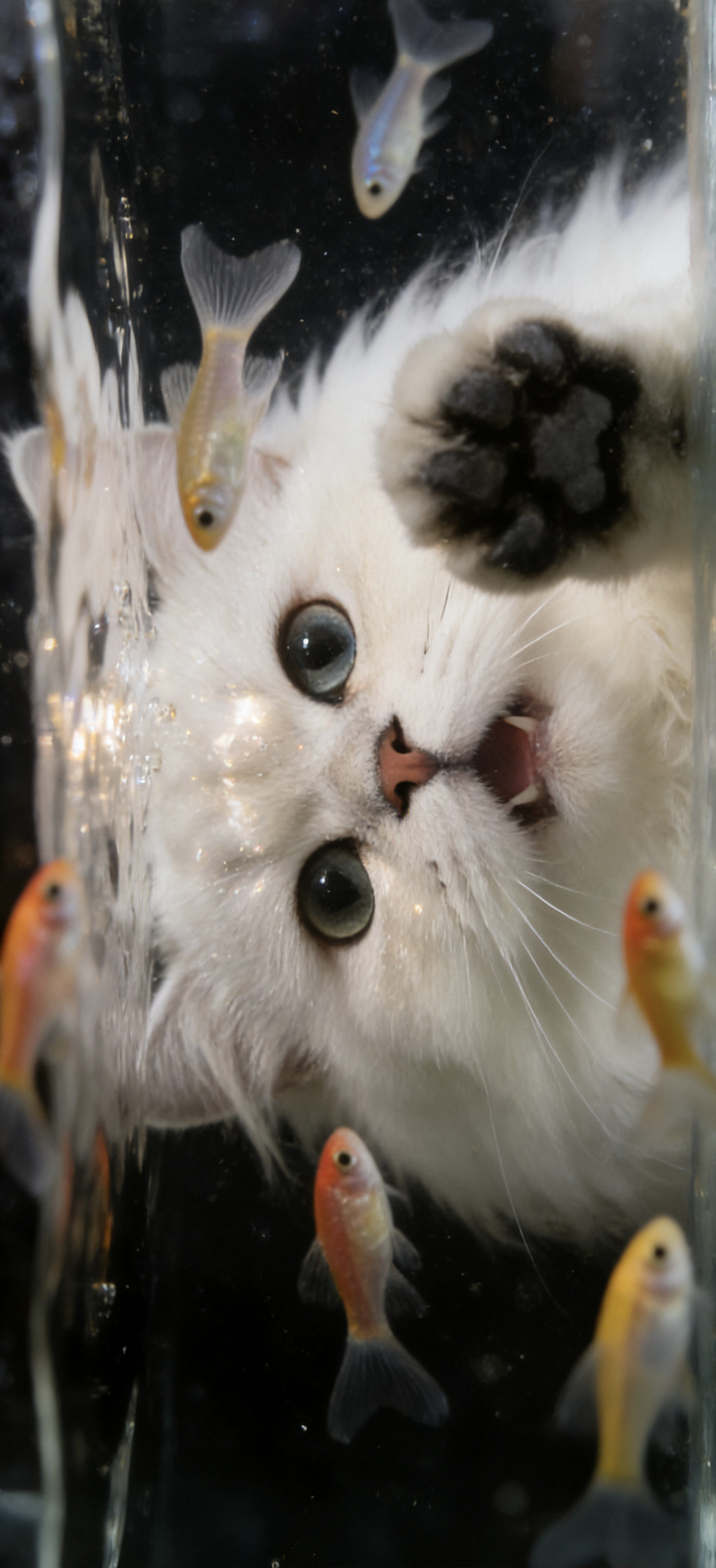 手机壁纸|猫咪和小鱼猫：小鱼小鱼快游过来让我rua一下