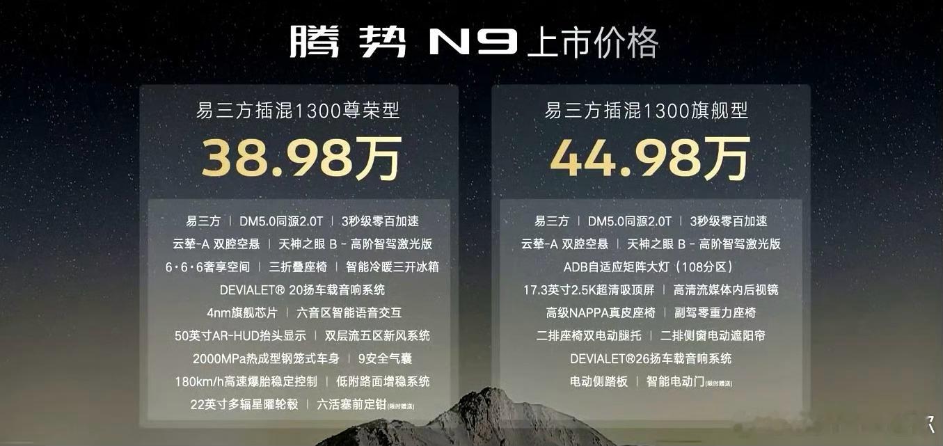 我嘞个去，腾势N9起售价竟然是38.98w！这个价格可比另外两个9更低，而且配置