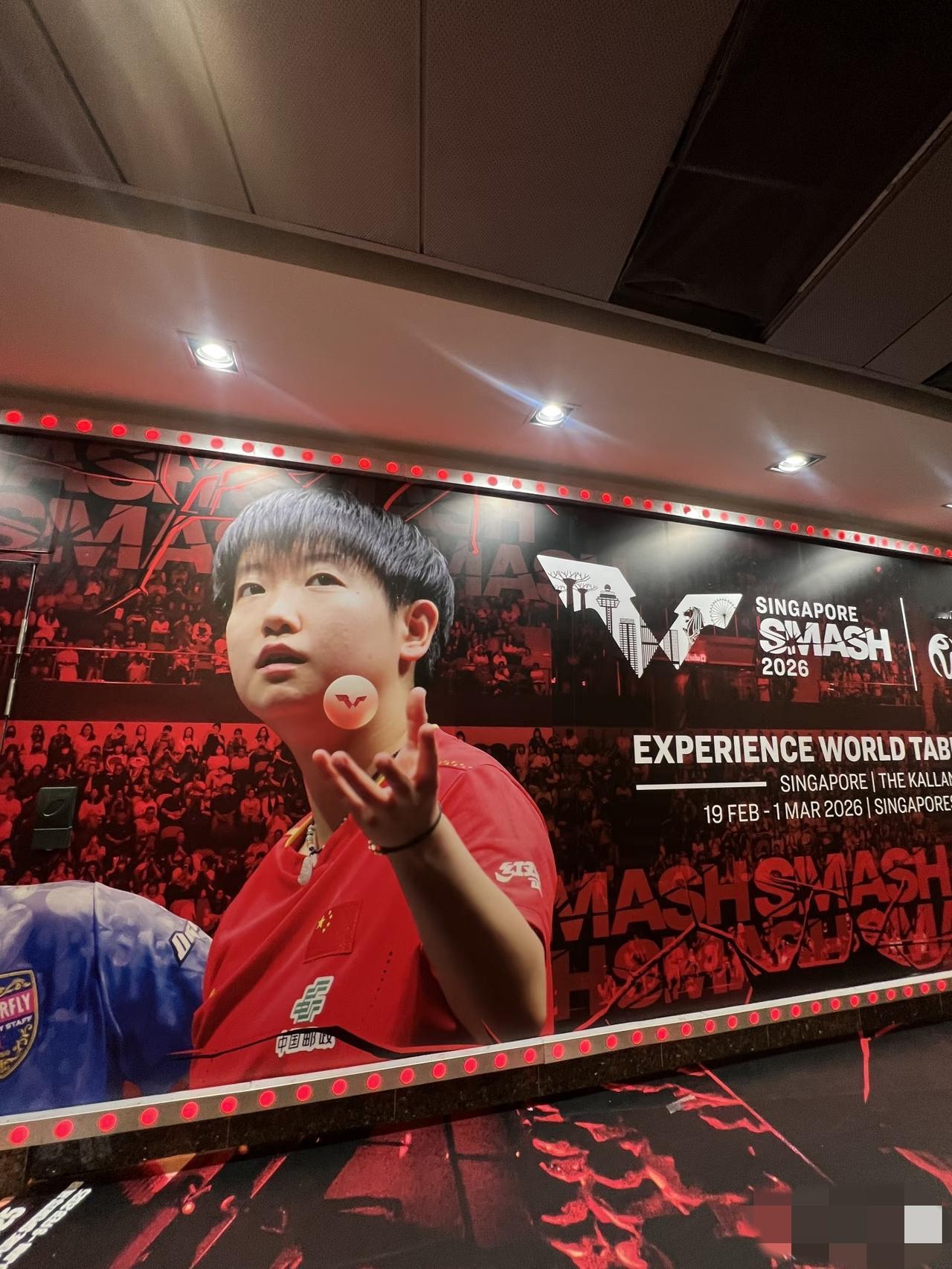 新加坡大满贯，偶遇孙颖莎，太帅了！红色短袖，扬起来的小白球，坚定的眼神，还有脖