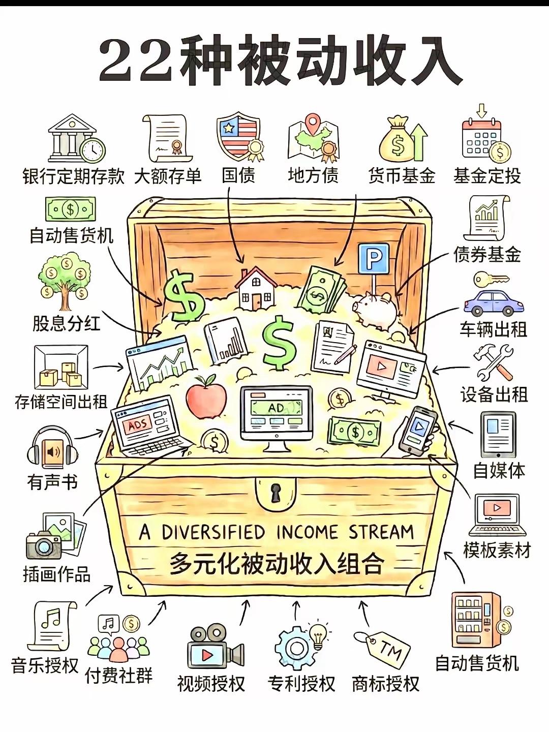 哪位大神做的图！列出几十项被动收入，但恰恰漏掉了最重要的被动收入来源：退休金。