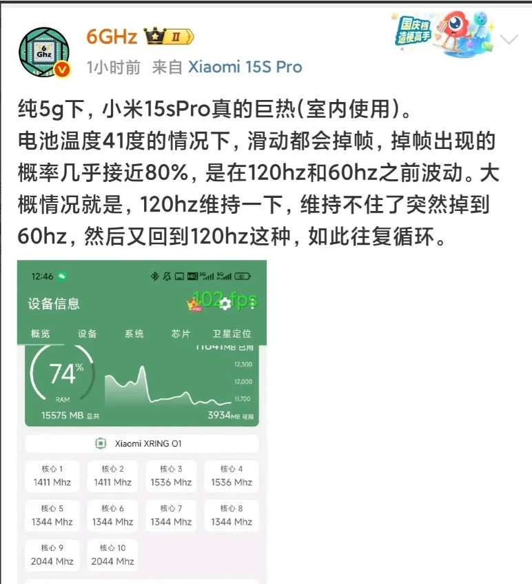 大V表示：小米15sPro真的巨热(室内使用)。大V说小米15sPro室内