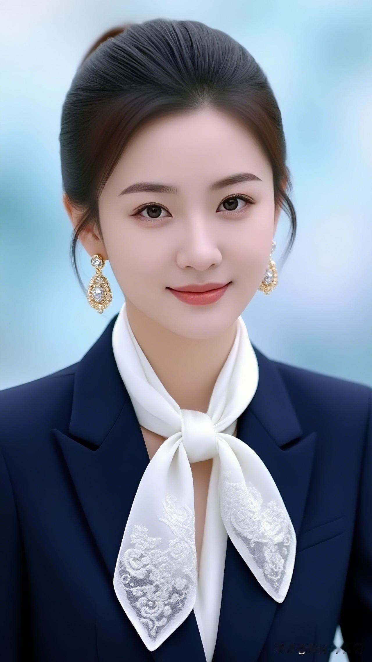 玉人如花，笑靥如春。共享美人靓照优雅职场风，精致的白色蕾丝领结，搭配闪亮的耳环