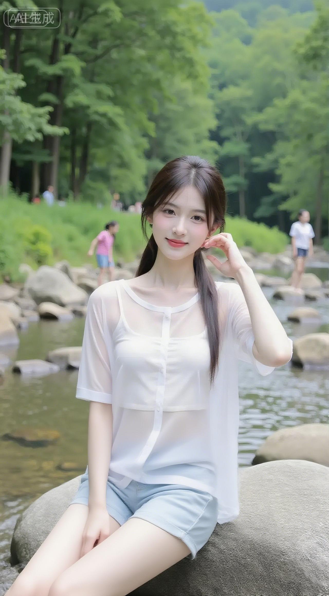 溪石浸着雾，白纱衫裹着甜，牛仔边扫过涧水的凉山涧清新穿搭山川自然系穿搭温柔风