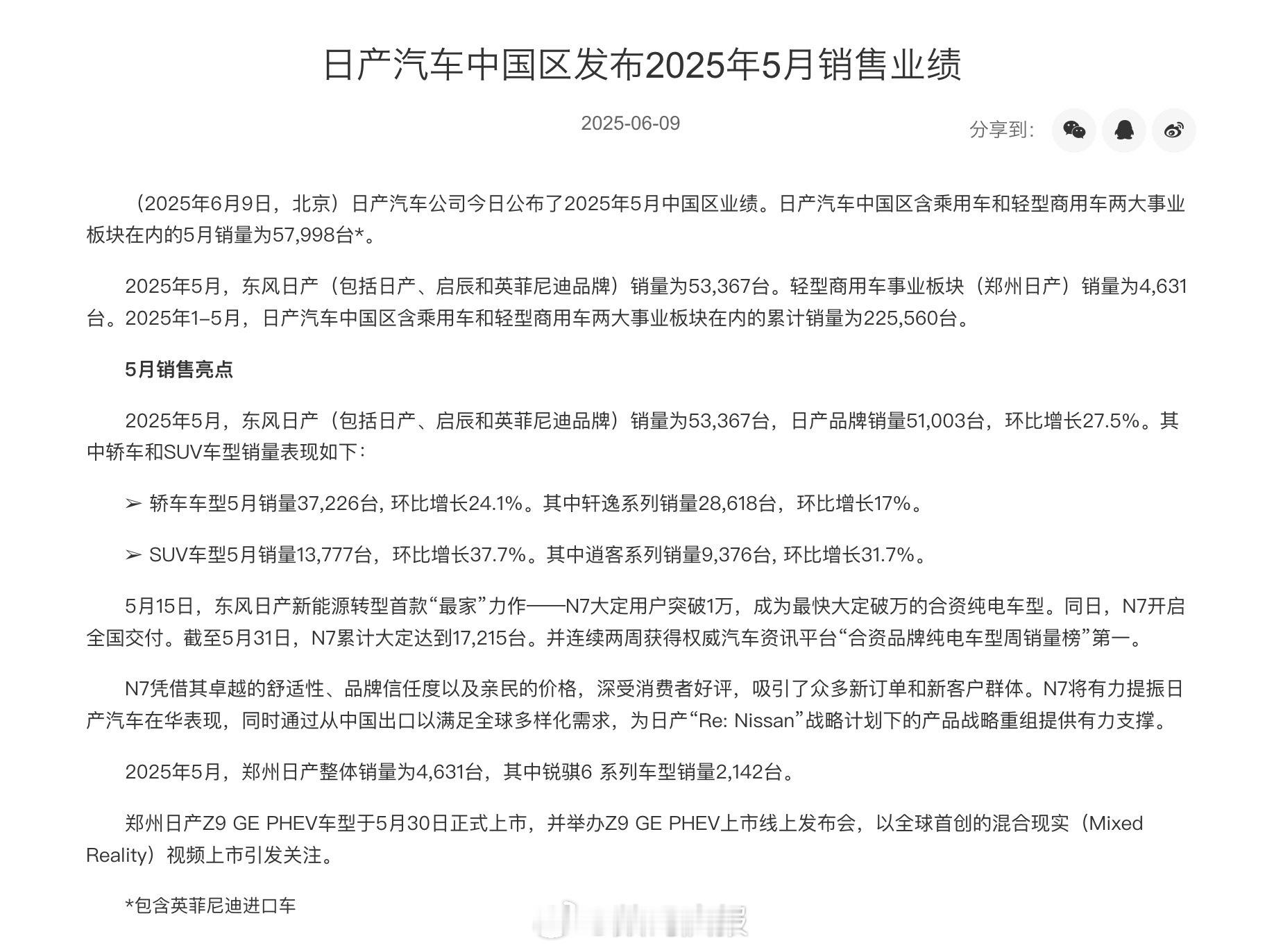 日产汽车中国区5月销量57998辆，同比下滑9.7%；1-5月累计销量22556