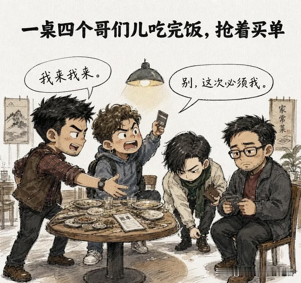 趣味漫画：一桌四个哥们儿吃完饭，抢着买单。A：「我来我来。」B：「别，这次必须我