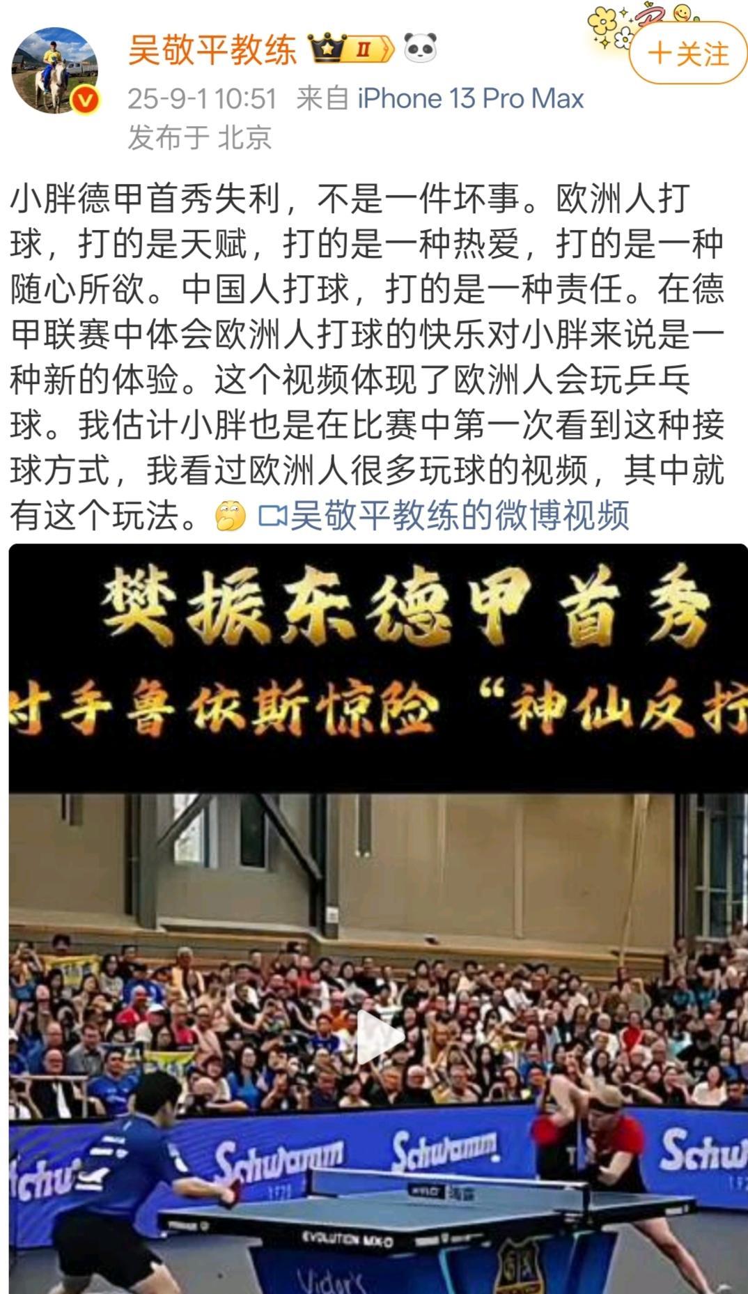 吴敬平谈樊振东德甲首败征战德甲联赛的樊振东牵动着无数国人的