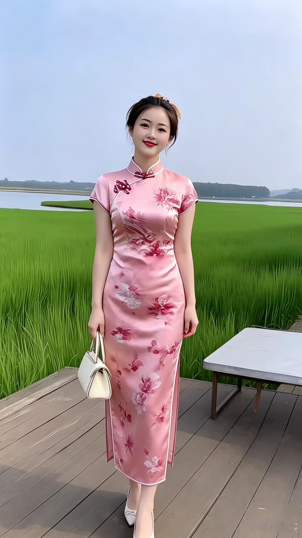 广袤无垠的青草湖水前，身着一袭粉花旗袍的姑娘，尽显温柔与美丽。她站姿优雅大方，头