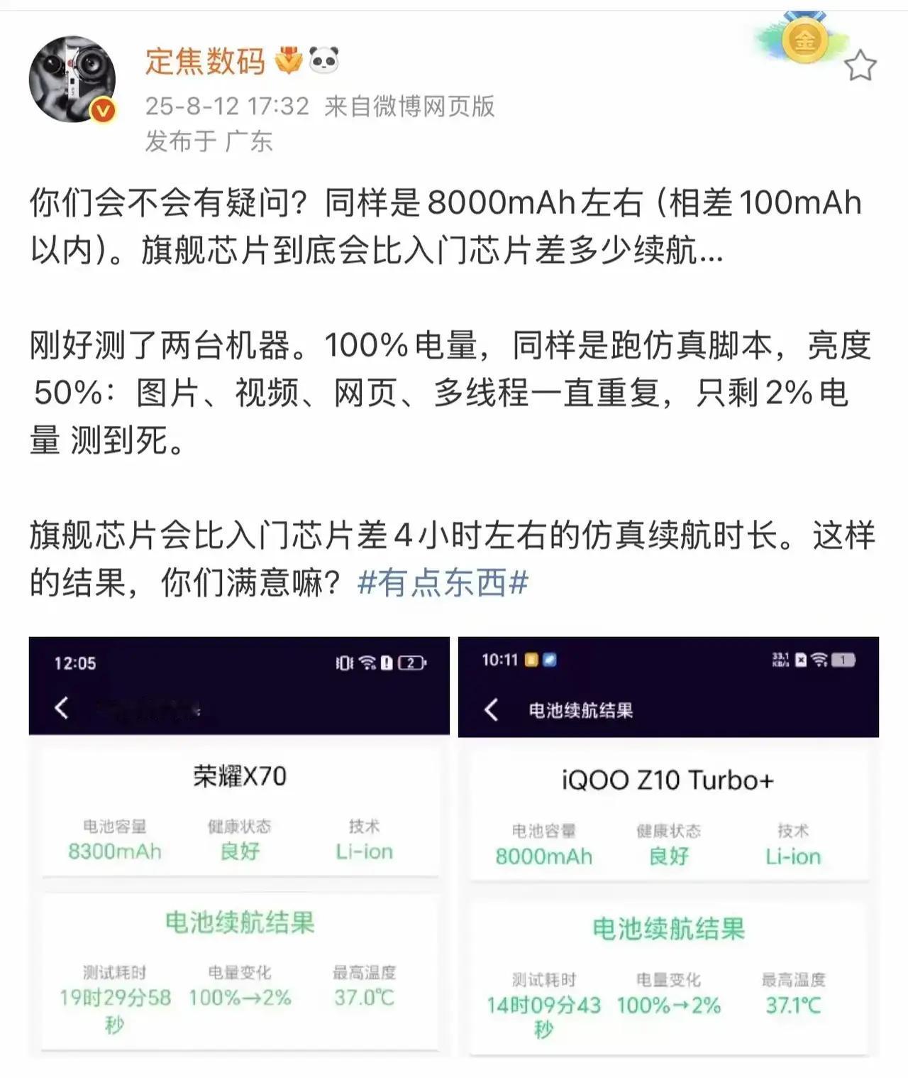 别看低端芯片性能不强，但它省电是真离谱！[doge]有人实测对比荣耀X70和iQO