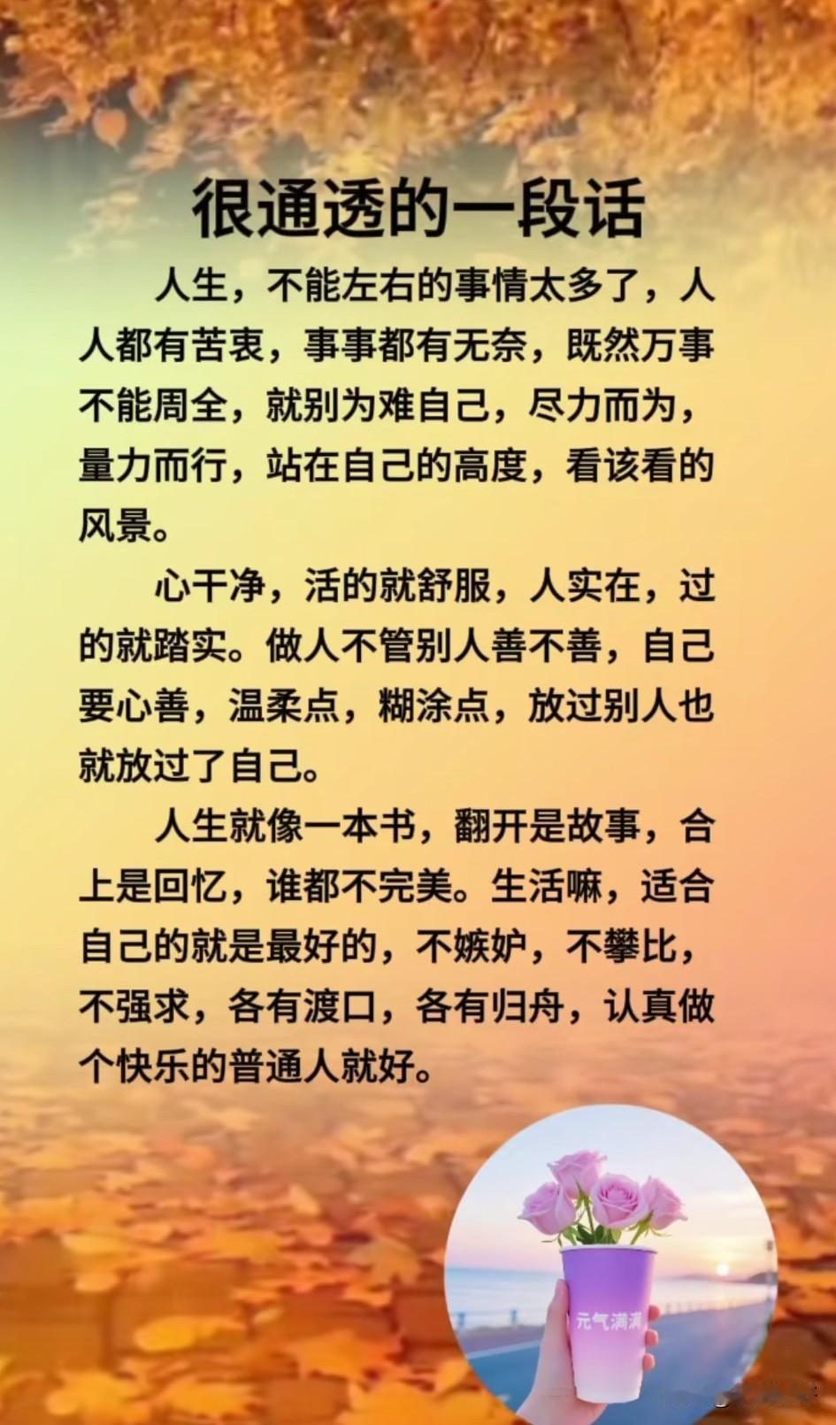 人生，没有幸福不幸福，只有知足不知足，无病无灾就是福泽，至于其他，有则锦上添花，
