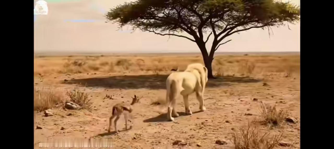 白狮子救了羚羊两次，最后小羊跟在狮子屁股后面亦步亦趋。狮子躲到树荫下睡觉，羚羊