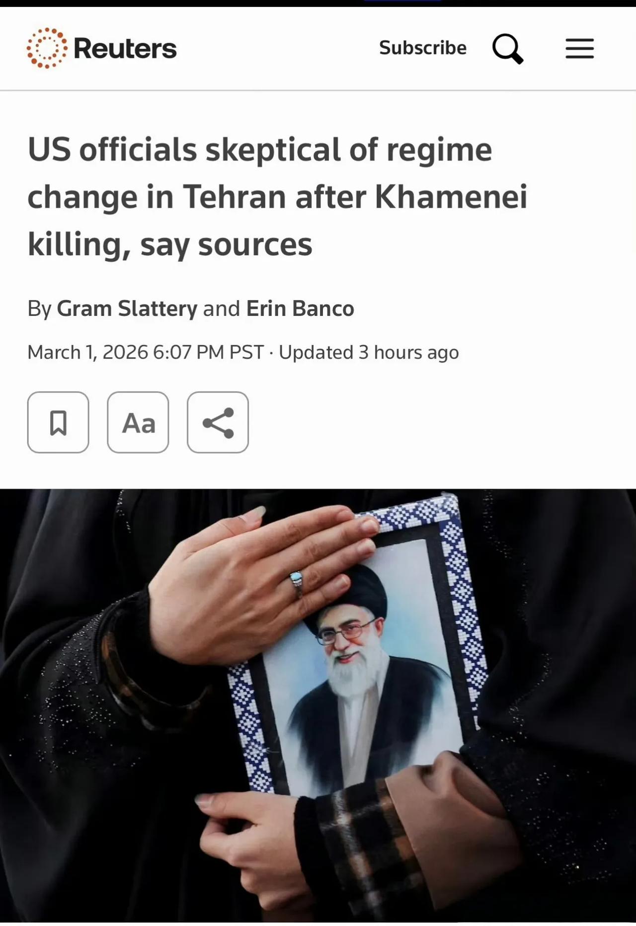 英国路透社报道称，美国情报部门和政府官员对于伊朗伊斯兰革命卫队成员主动投降已经越