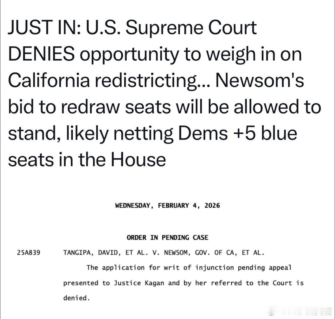 美国最高法拒绝接受对“加州改选区图”的法律挑战选民投票，64.4%的支持率，没有