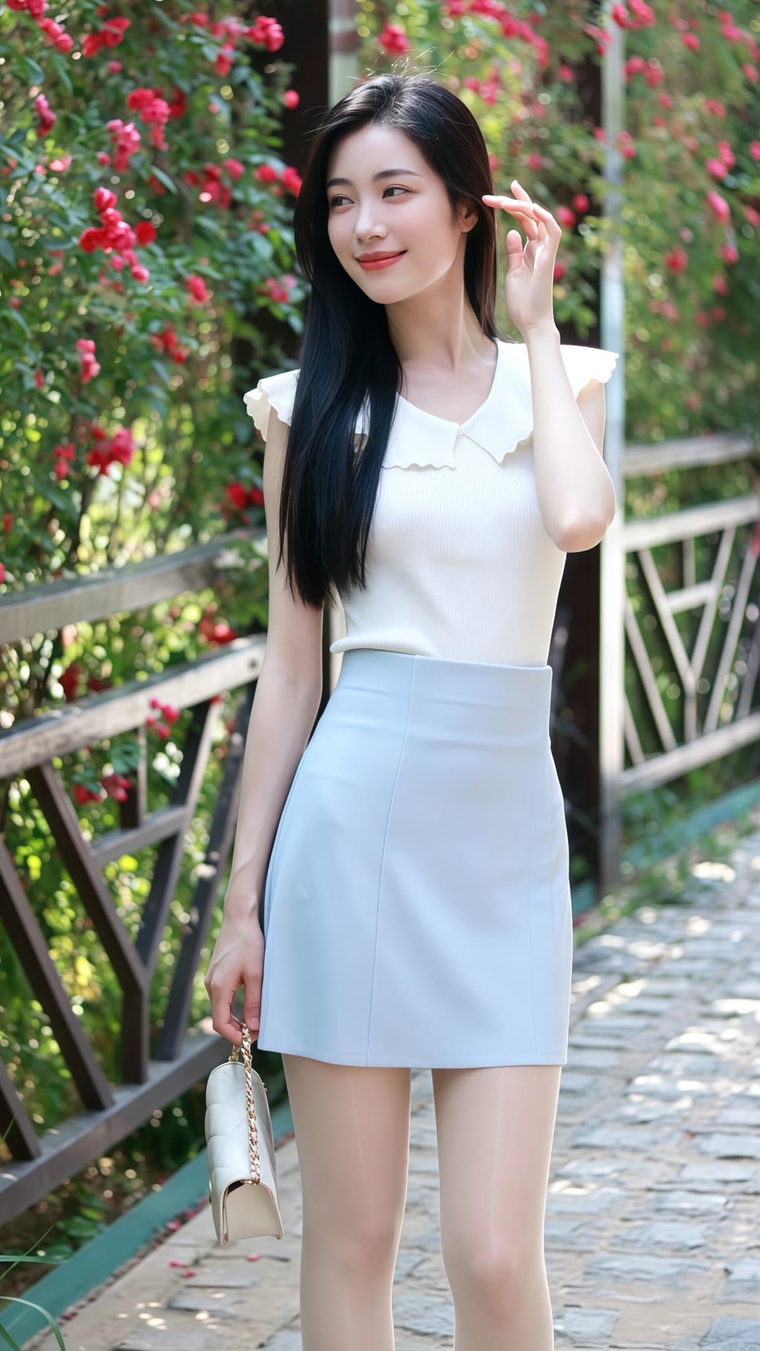 优雅漫步在花丛中，浅蓝色裙摆随风飘动，尽显清新甜美。