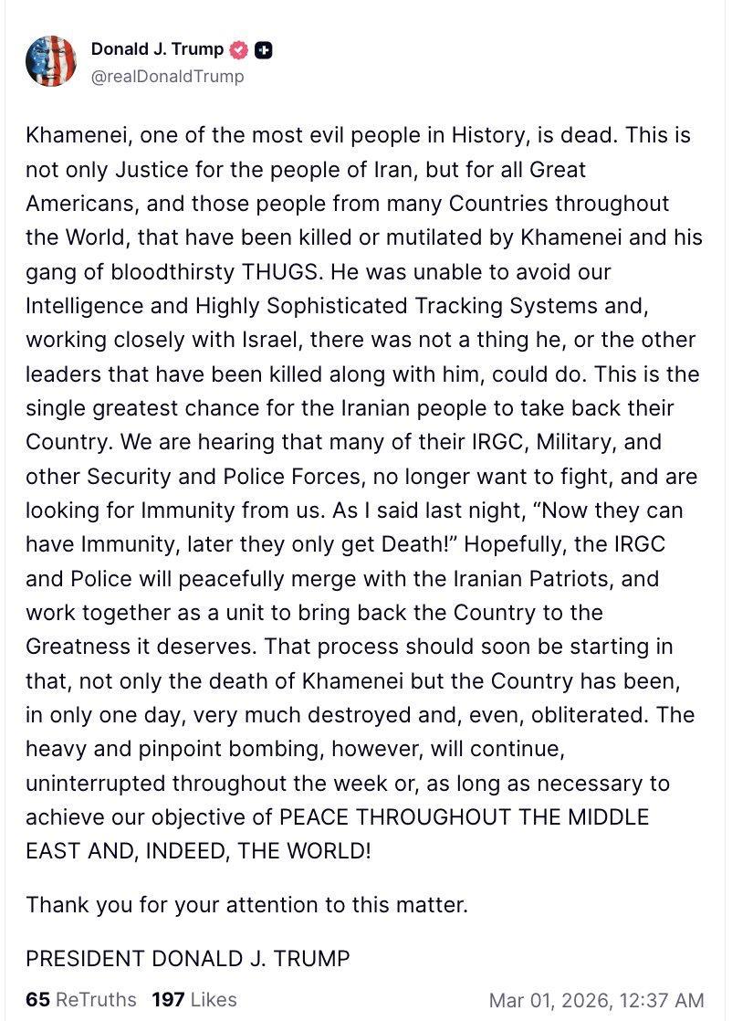 特朗普宣布哈梅内伊已死：哈梅内伊根本无法逃脱我们情报部门和高度精密追踪系统的