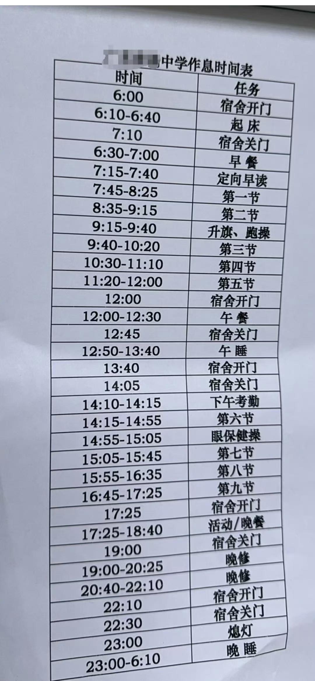某高中孩子的作息表。中国孩子学习真是太辛苦了。