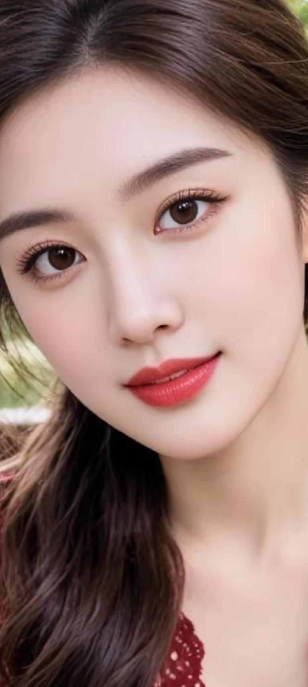 甜美少女，温柔微笑，红唇轻启，自然妆容，清新自然。