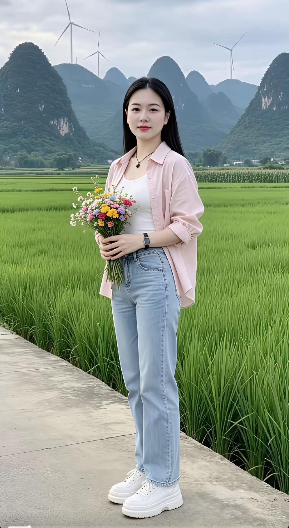 田野里的小姑娘手捧鲜花，风景美如画。