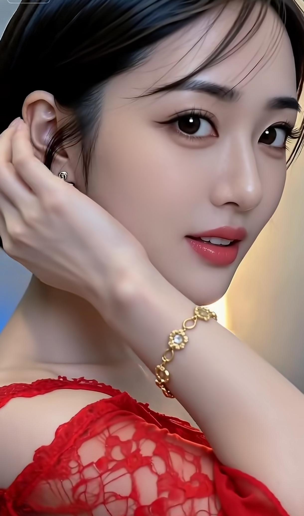 优雅红裙，闪耀耳环，温柔微笑，完美女神！💃💍💄时尚穿搭之美少女美照分享魅