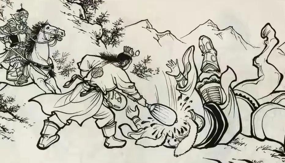图中两员小将不讲武德，围攻使用堵独角铜人的番将，二人合力将其打下战马，然后一锤锤