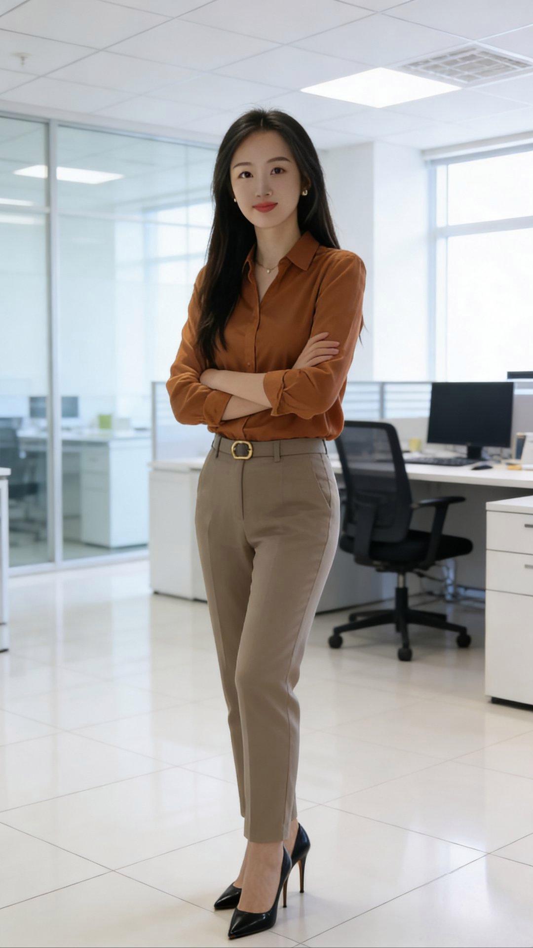 自信的职场女性，优雅穿搭，办公室里的时尚风采