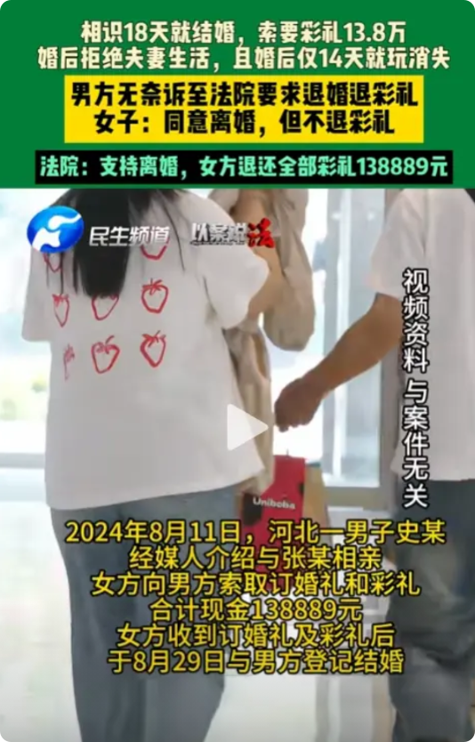 相识18天就结婚，索要彩礼13.8万婚后拒绝夫妻生活，且婚后仅14天就玩消失男方