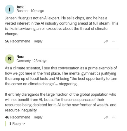 在一条采访黄仁勋的纽约时报文章评论区，最高点赞的读者评论是这两条：Jack（波士顿，19分钟前）黄仁