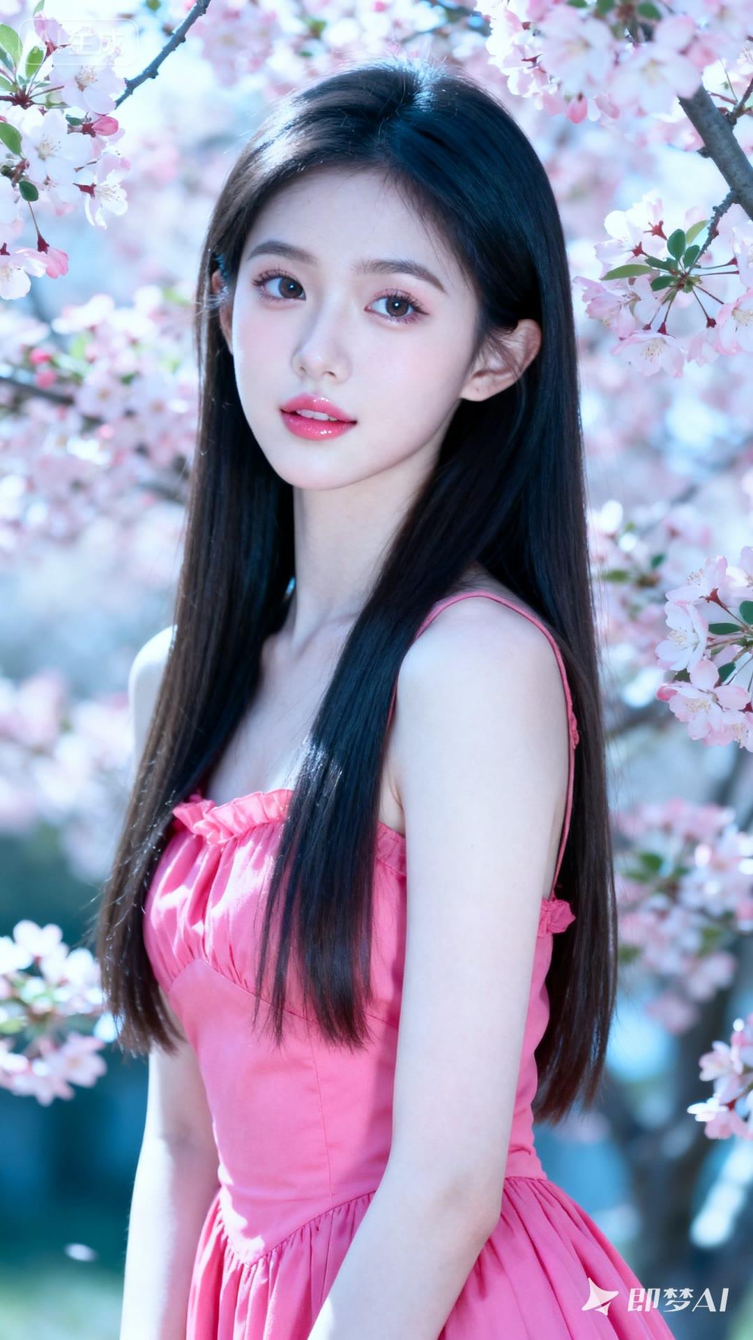 樱花树下，少女粉裙飘逸，春日气息扑面而来。🌸💗
