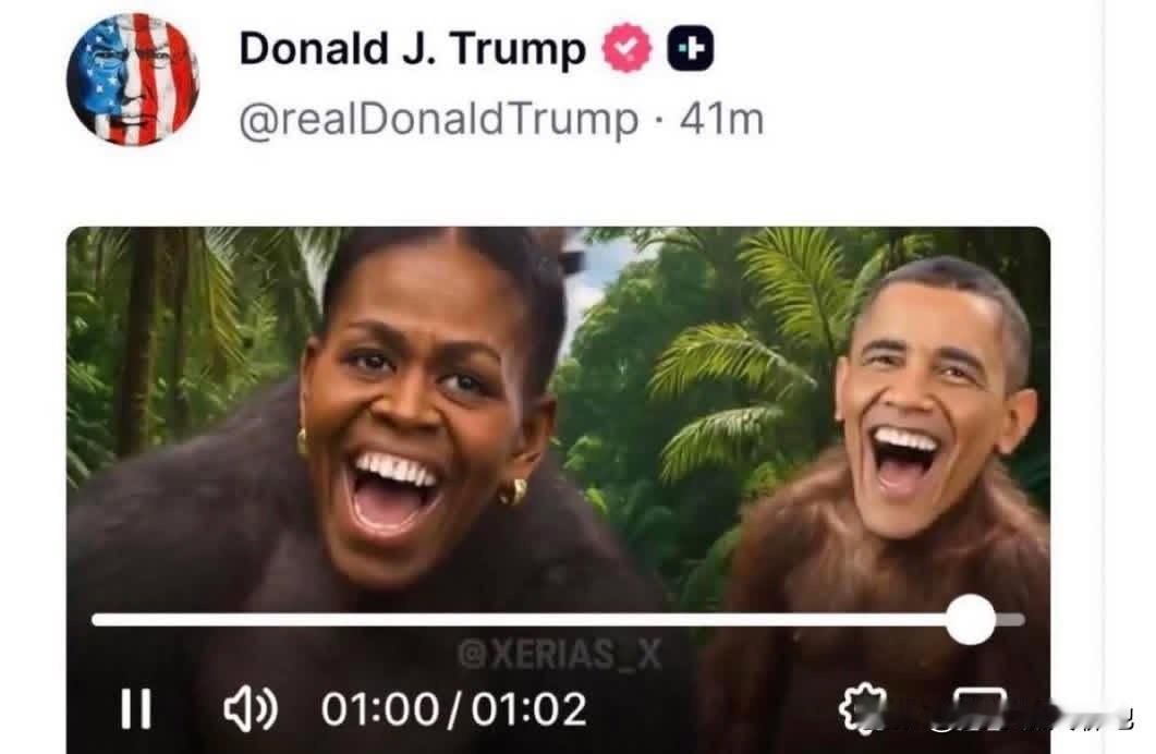 特朗普在其社交账户上晒出有辱奥巴马夫妇以及一大拨左翼名人的漫画照片。今天，这个帖