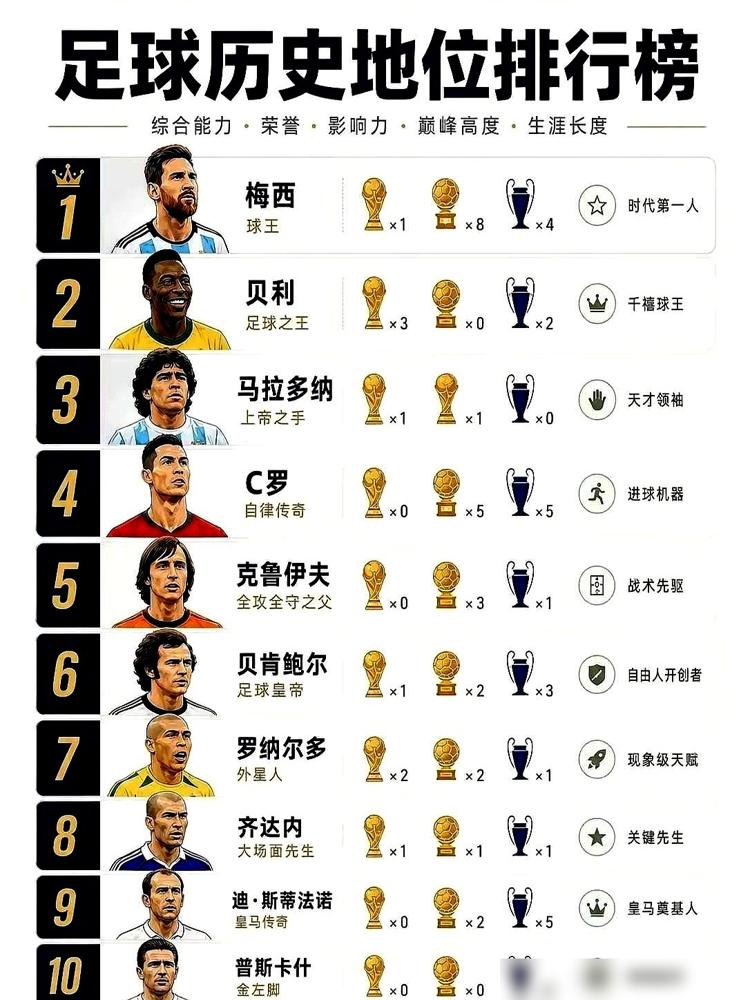 978球都压不住，C罗连前三的门都没摸着。8月最新历史五十强，梅西、贝利、马拉多纳全在他头上。梅西8