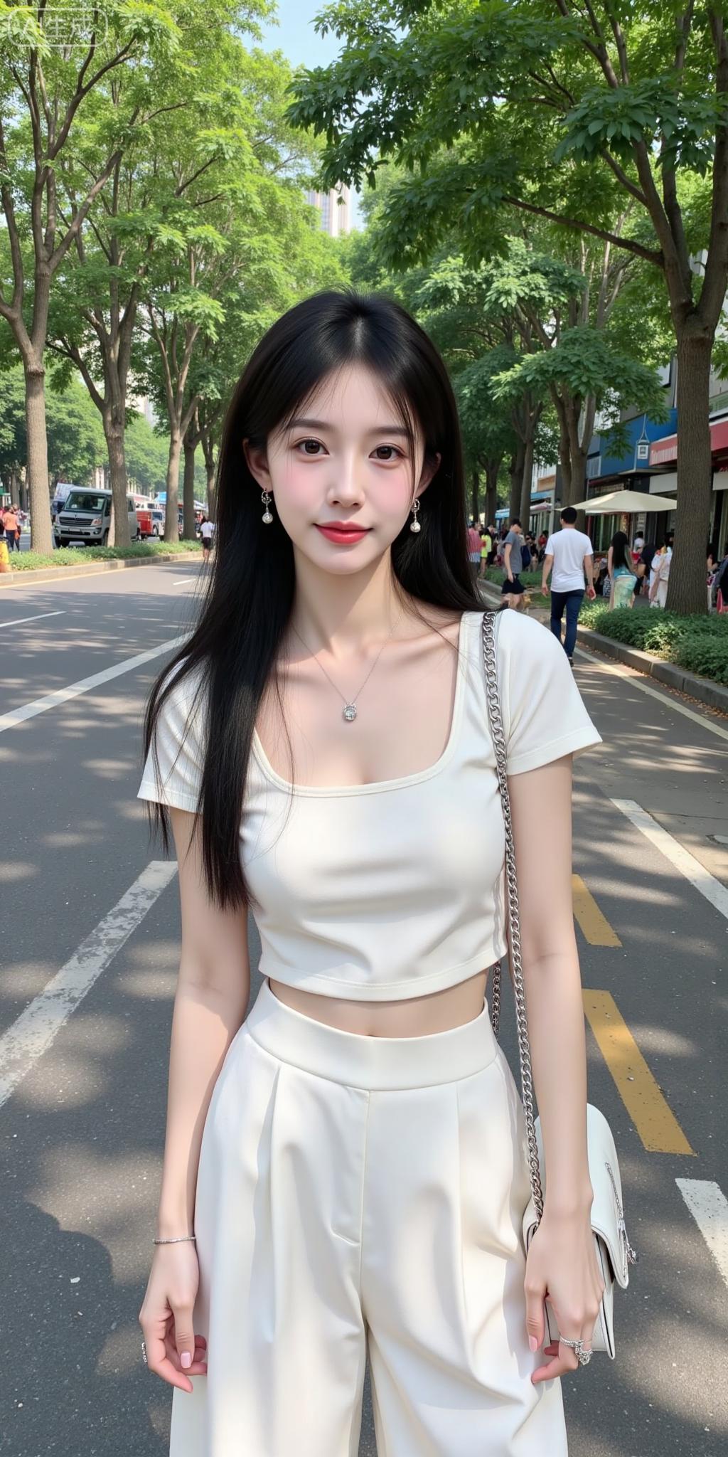 街旁的奶油系清冷美人米白套装衬得气质又柔又净，细链+碎钻耳饰添了点精致✨