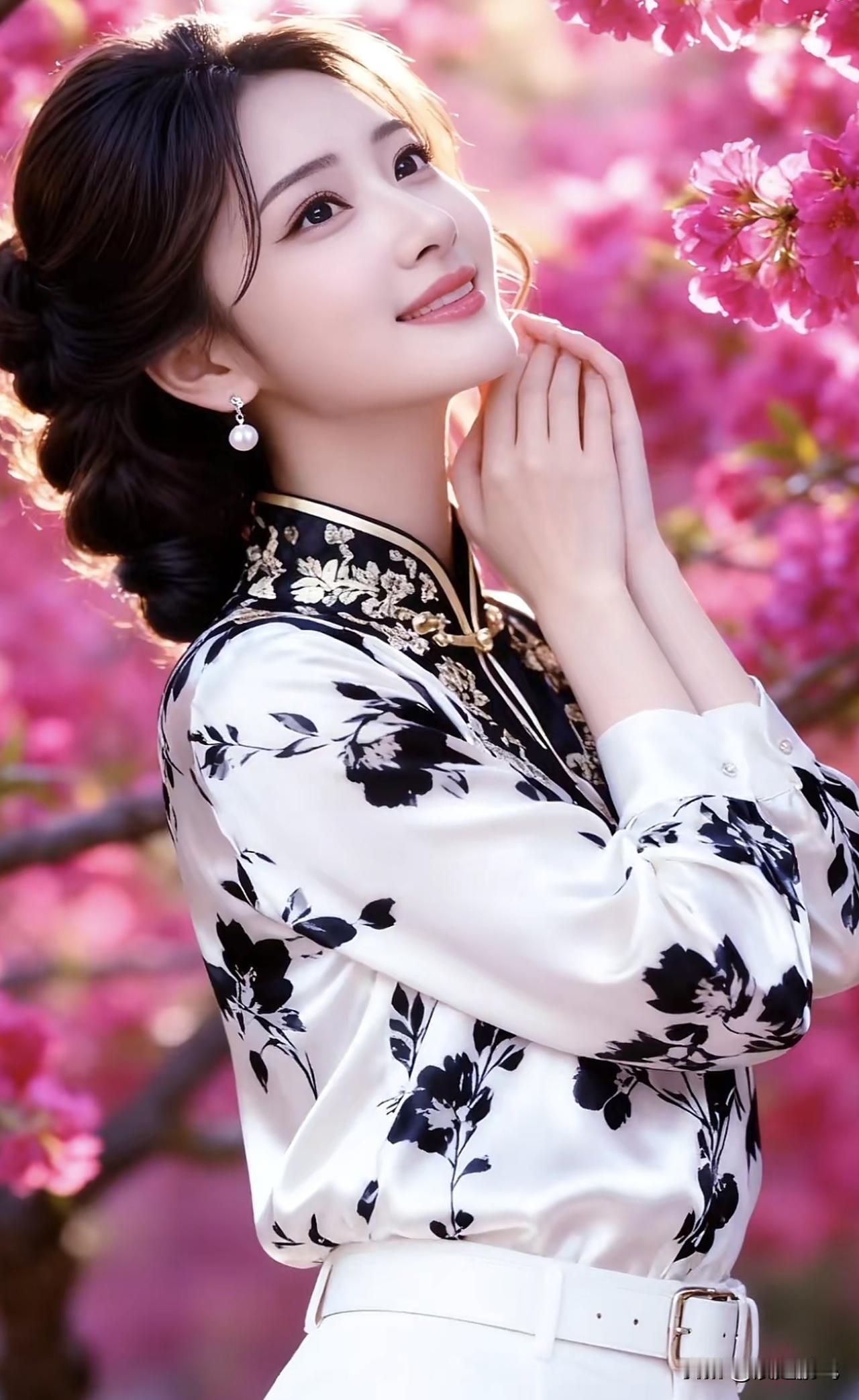 花间美人笑，春意满心怀。百花春意浓蝶吟花间醉三春满树春光醉蝶吟花间醉三春