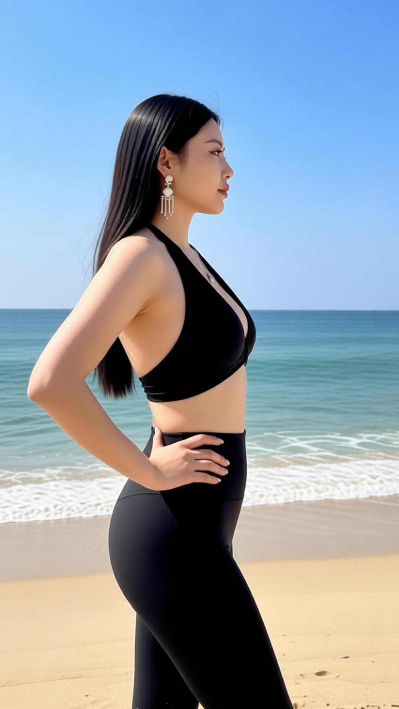 姐就是海边最飒的存在！挂脖黑泳衣配高腰长裤，把好身材衬得恰到好处，银饰一戴，又美