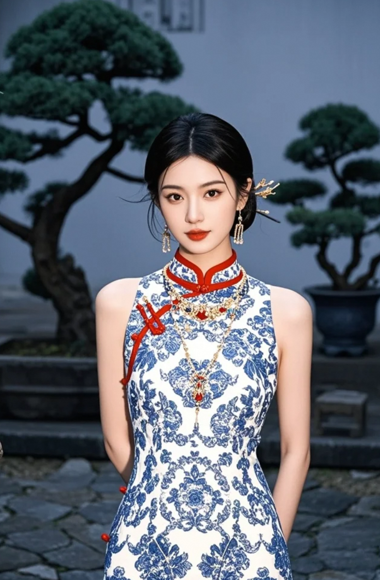 她站在光影交错的庭院里，旗袍是形，气质是魂，美是结果