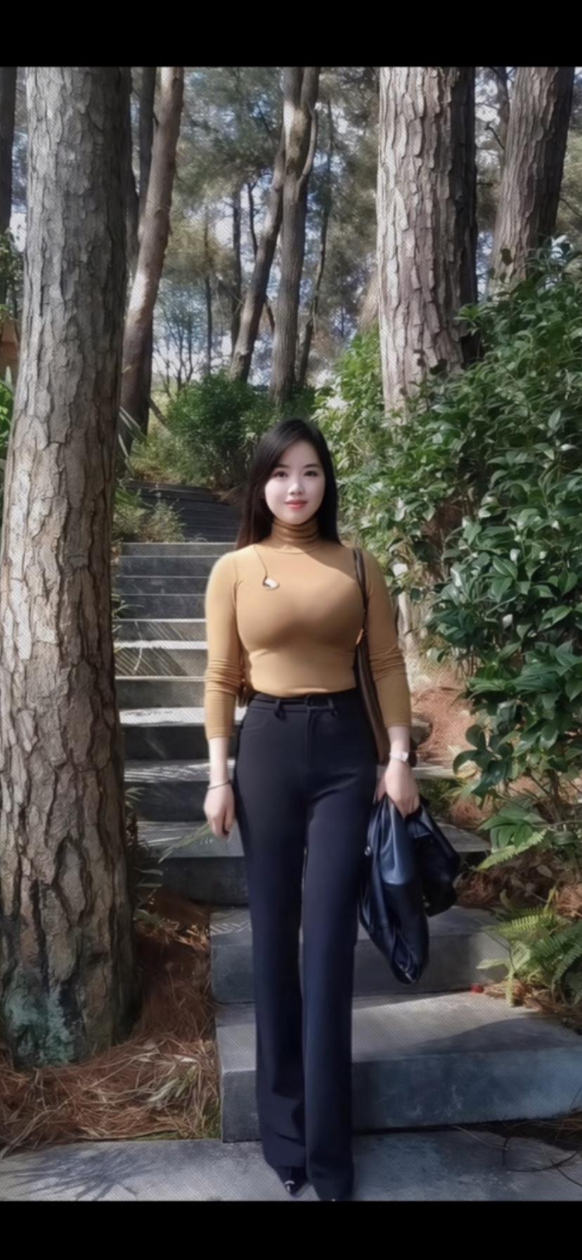 森林中的时尚穿搭，棕色毛衣搭配黑色长裤，优雅又自然。