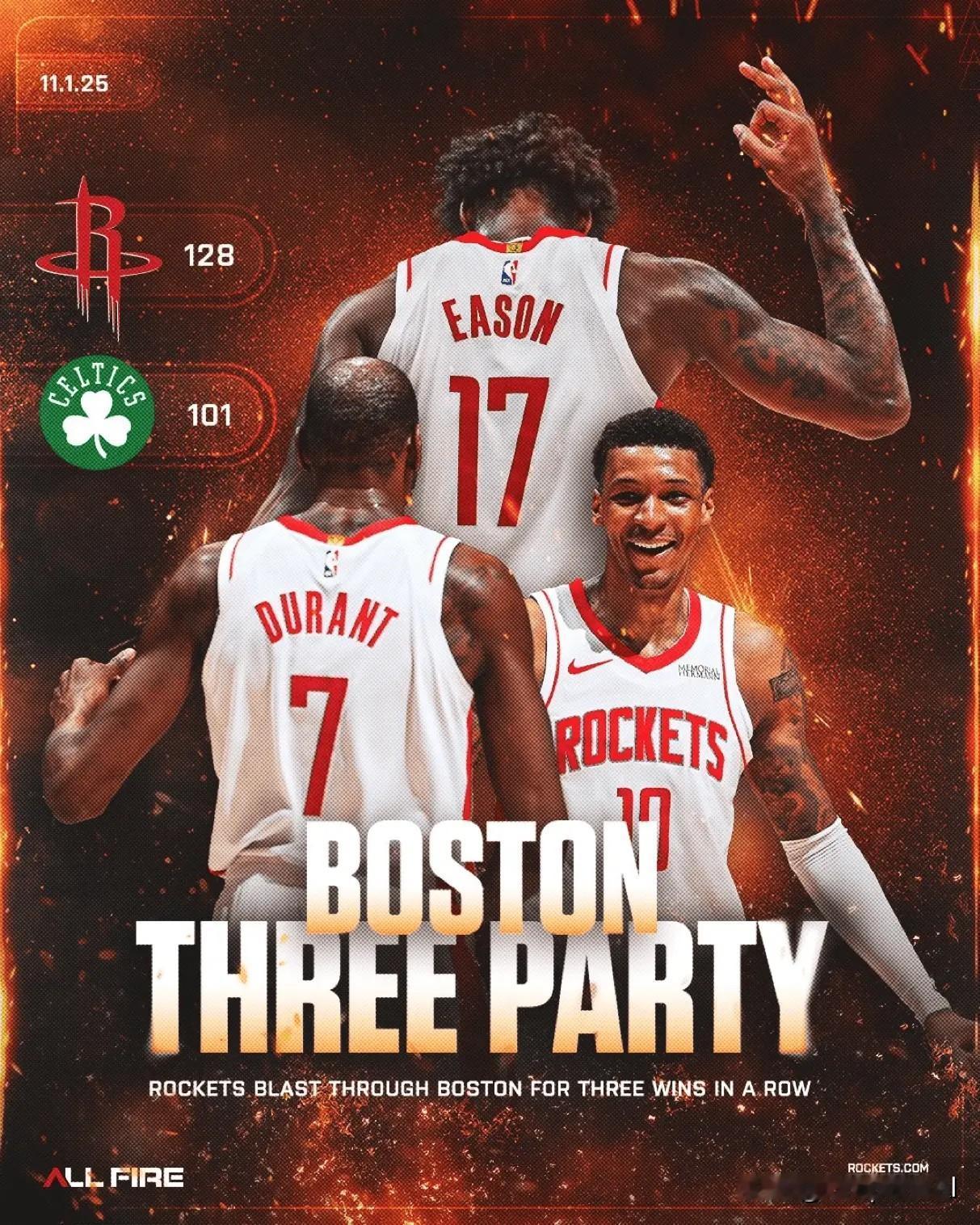 NBA常规赛，火箭128-101战胜凯尔特人。赛后火箭官媒更新了X晒出了一张