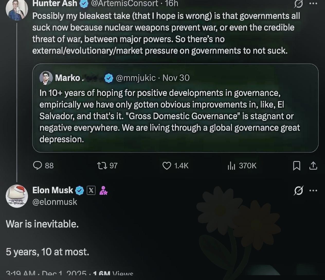 马斯克深夜发文预测战争：战争是不可避免的，五年，最多十年。 这位科技大佬的判