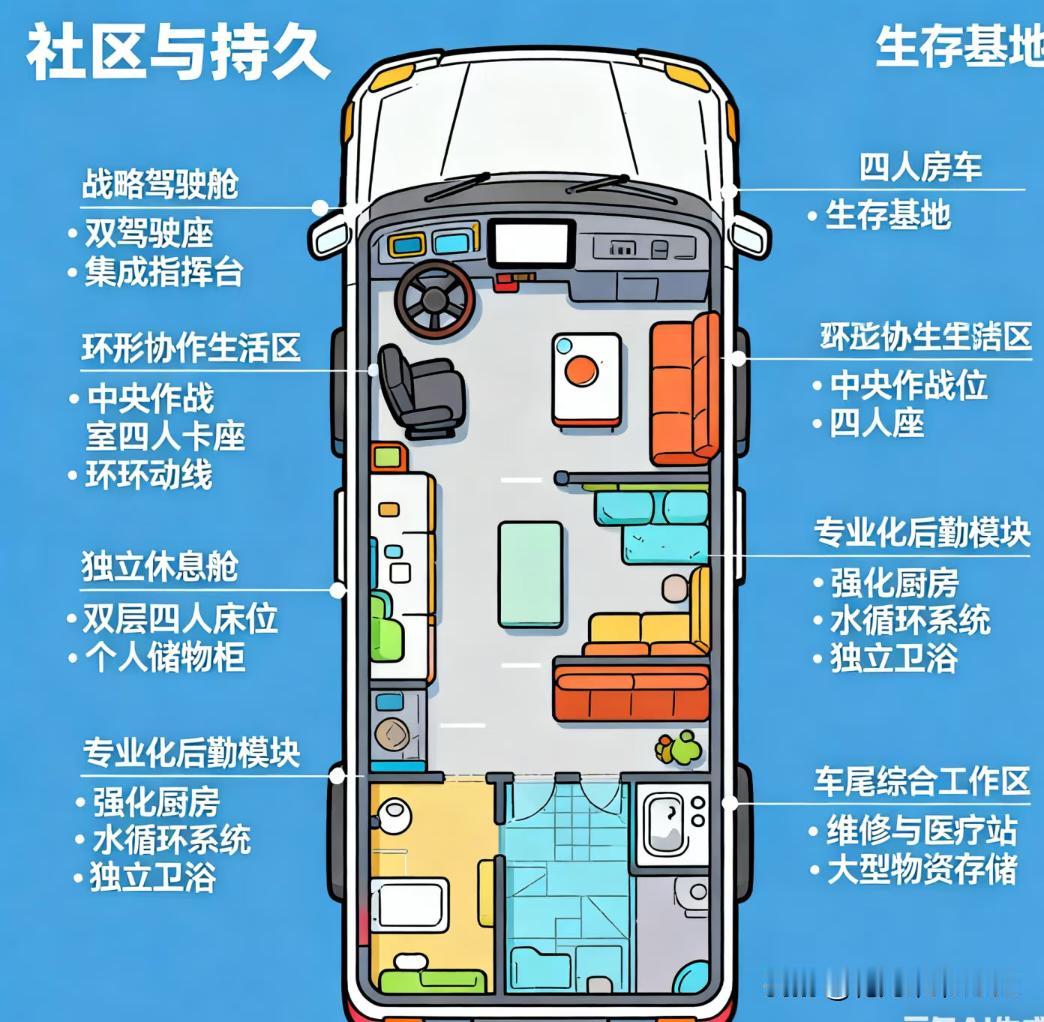 四人小队房车配置:这台车的设计理念是“社区与持久”。它不再是一辆简单的车，