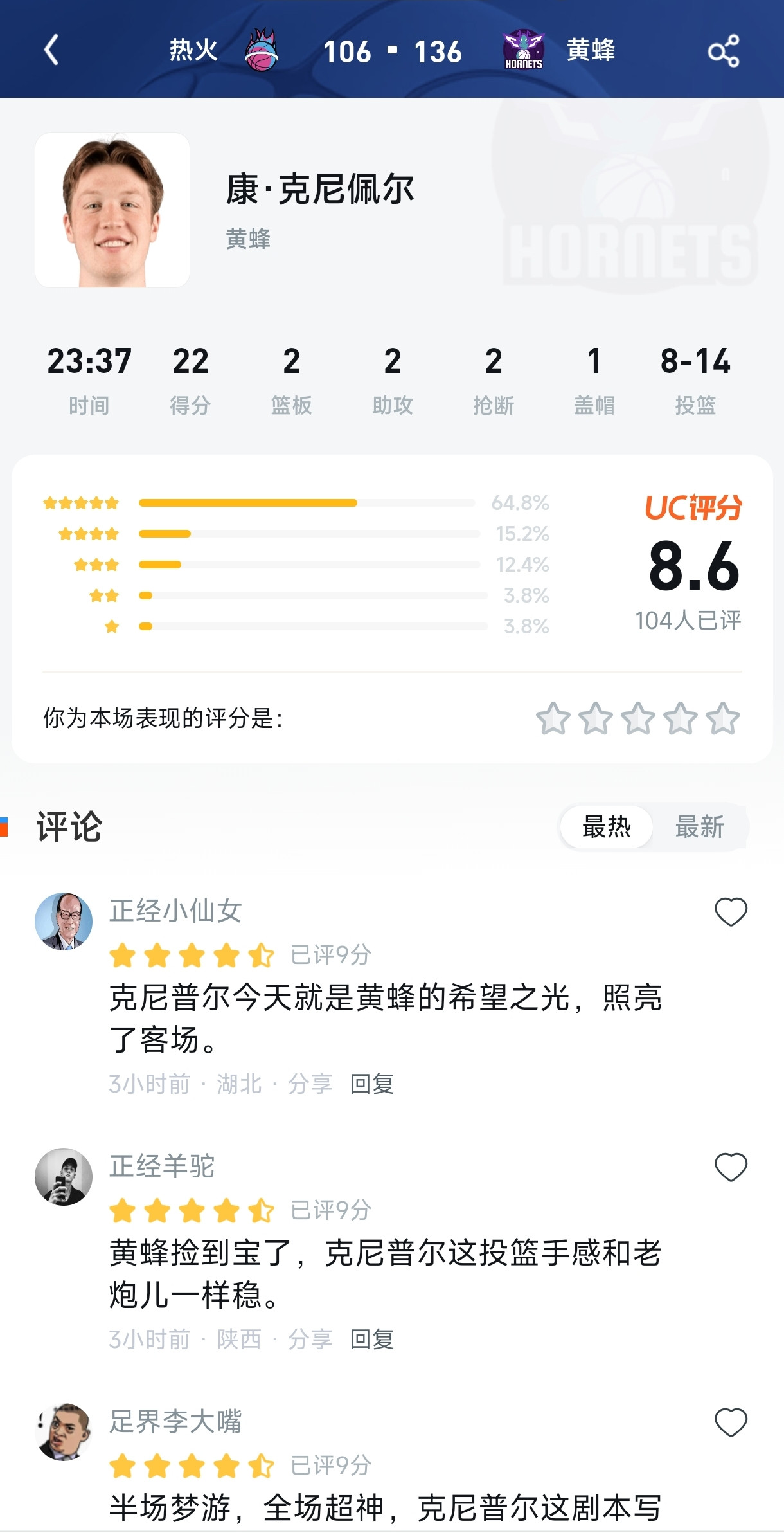 27分钟轰22分！黄蜂新秀导演30分复仇大戏，热火被他投到绝望