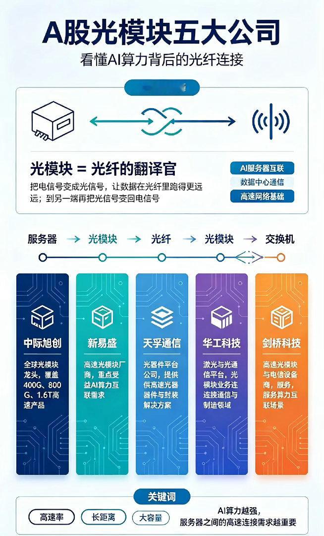A股光模块五大公司1. 中际旭创：全球光模块龙头，高端产品覆盖400G、800