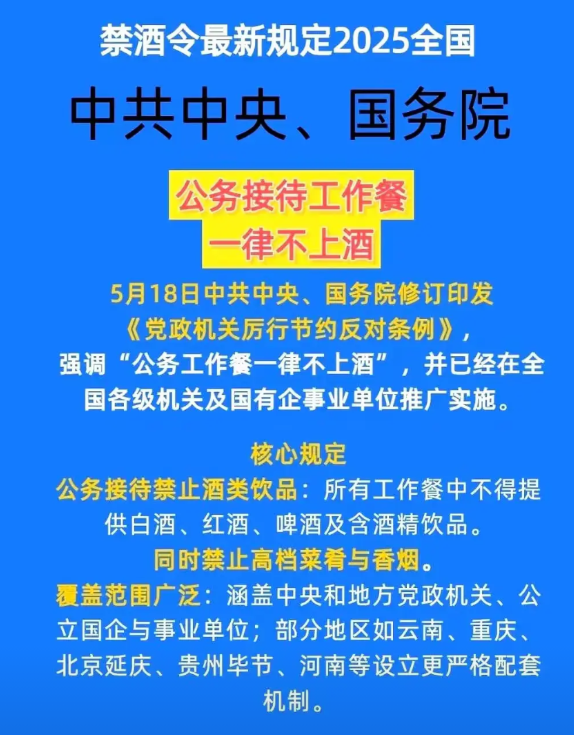 2025年相关禁酒令自发布起开始执行。中共中央、国务院在2025年5月2日发布修